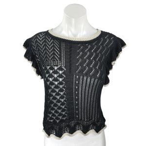 Bluivy Women's Black Open Crochet Knit Ruffle Short Sleeve Sweater Top Size L